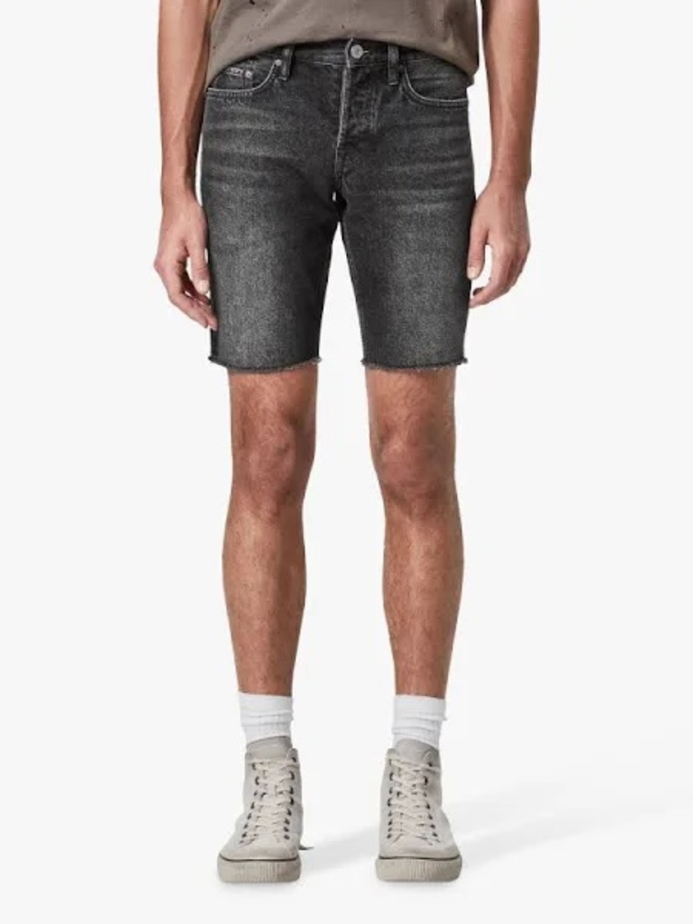 AllSaints Switch Skinny Denim Shorts Washed Black Button Fly Grunge Minimal W30